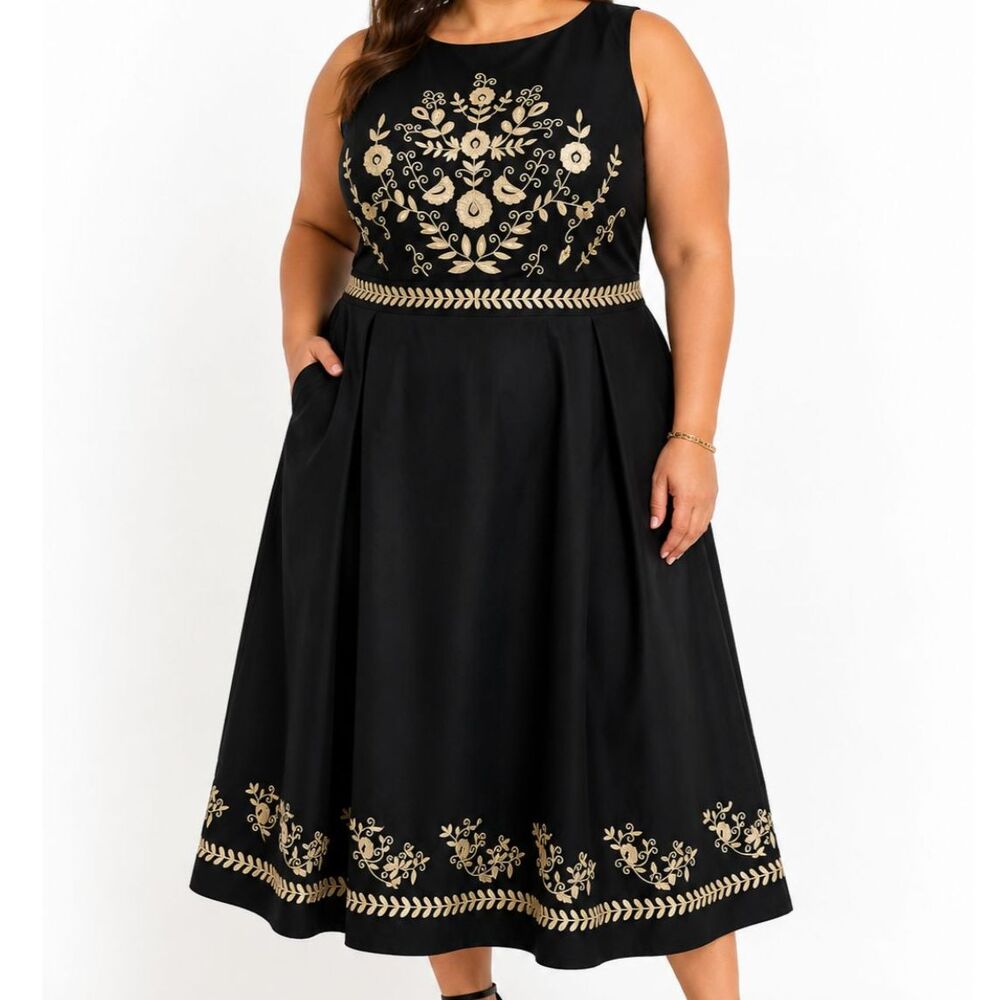 eShakti Black Embroidered Floral Fit & Flare Midi Dress 22W Pockets